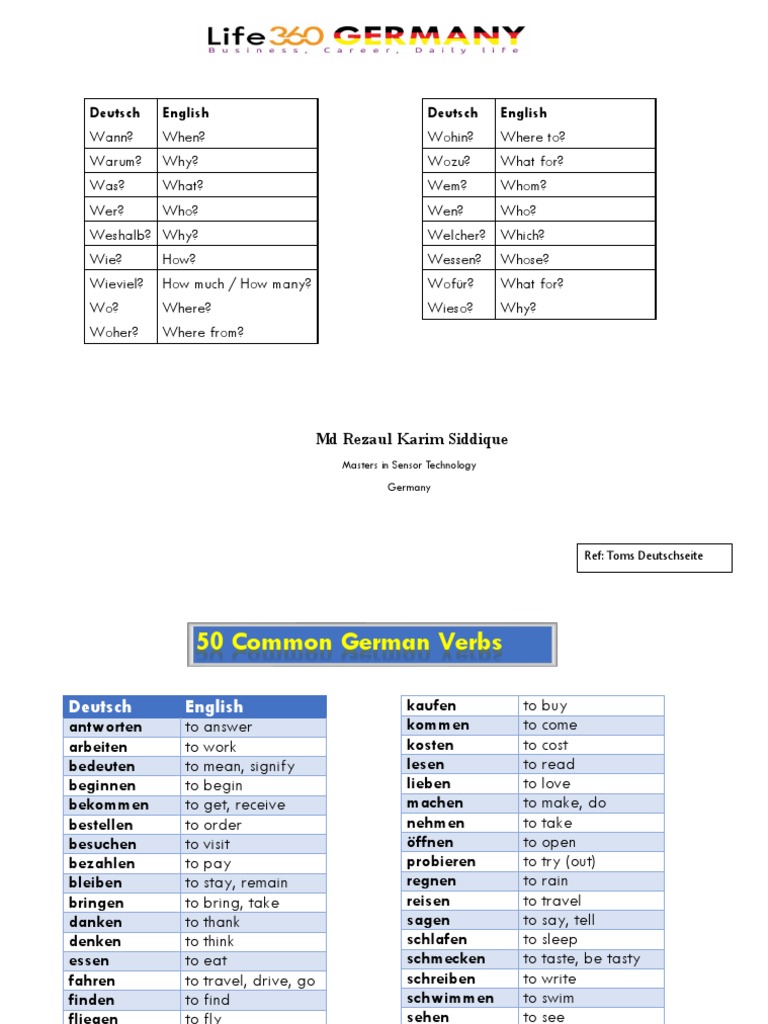 Common German A2 Verbs and Questions | PDF