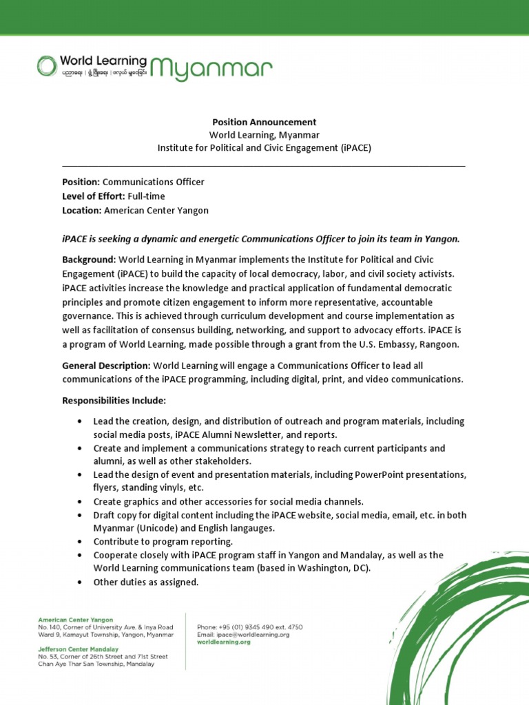 Communications Officer Position at iPACE | PDF | Myanmar | Social Media