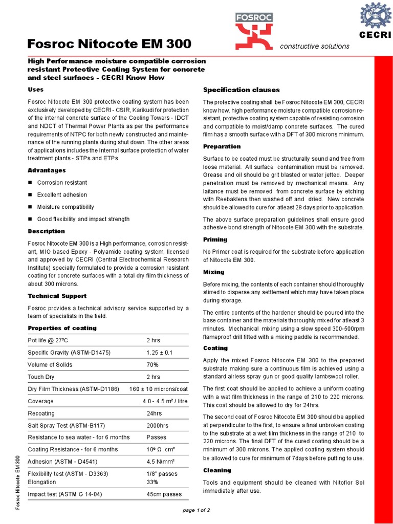 Fosroc Nitocote EM 300 Data Sheet | PDF | Concrete | Coating