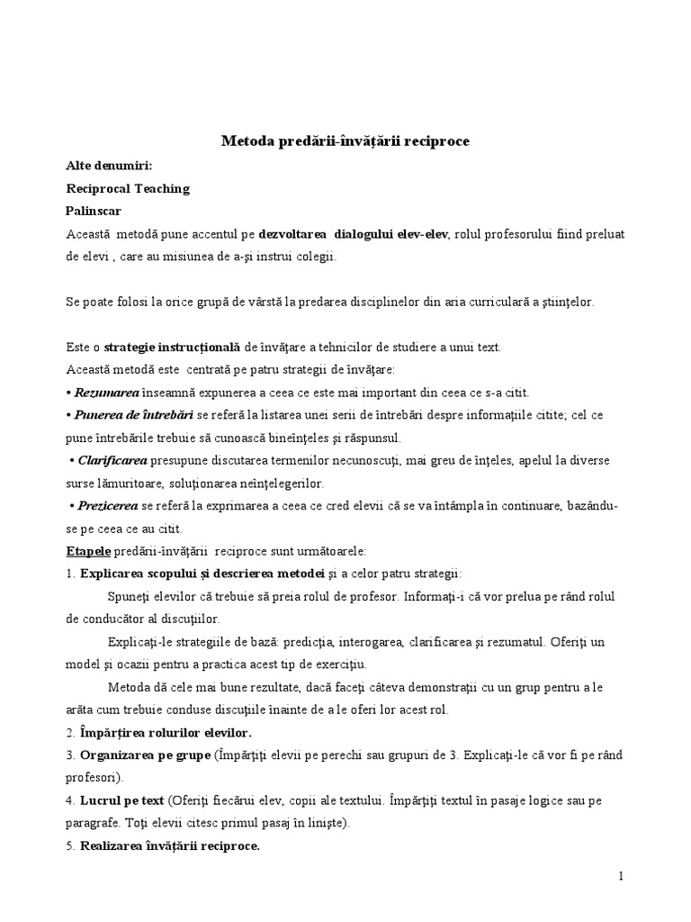 Activitate 1.1. - Metoda-Predarii-Invatarii-Reciproce | PDF