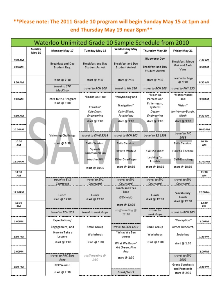 Waterloo Unlimited Grade 10 Sample Schedule From 2010 PDF Science