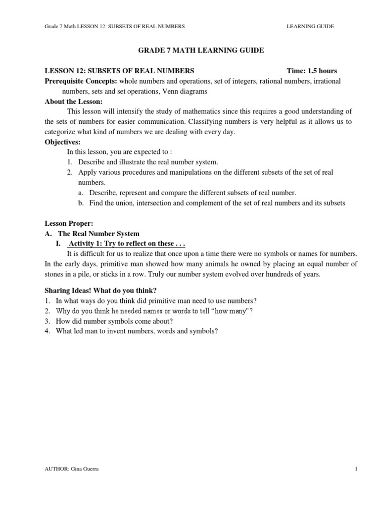 Grade 7 Math Lesson 12: Subsets of Real Numbers Learning Guide | PDF ...