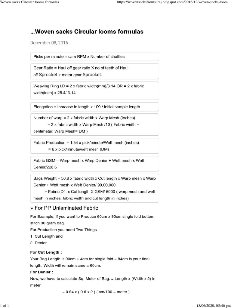 Woven Sacks Circular Looms Formulas PDF