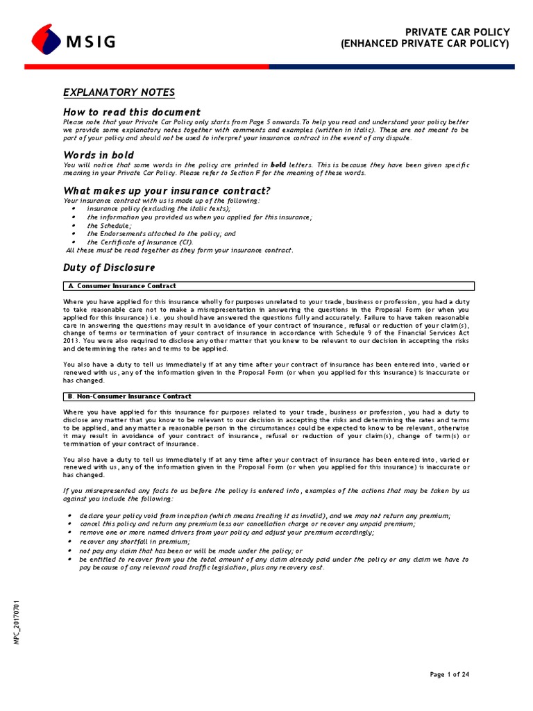 Explanatory Notes How To Read This Document: Private Car Policy ...