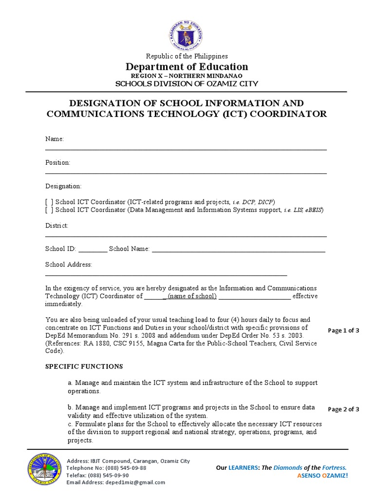 Department of Education Designation of School Information and