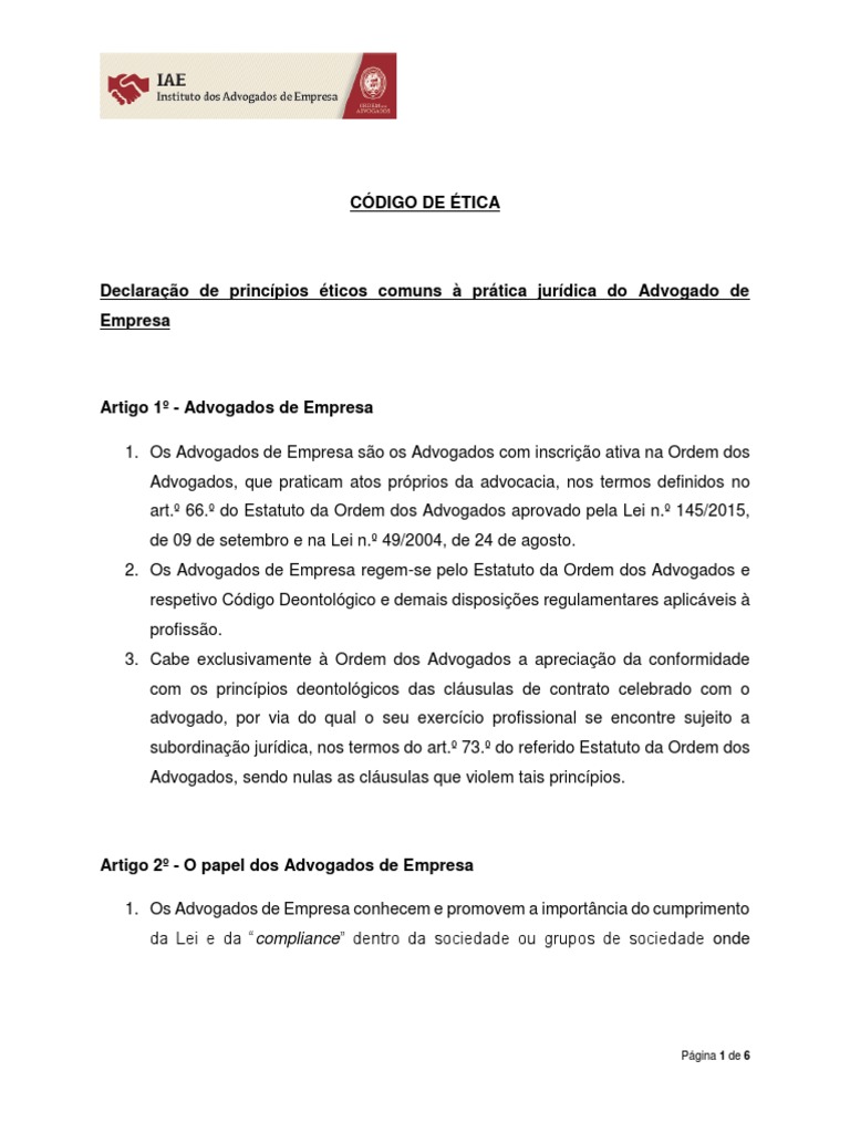 Codigo de Ética Do Advogado de Empresa PDF Advogado Instituições sociais