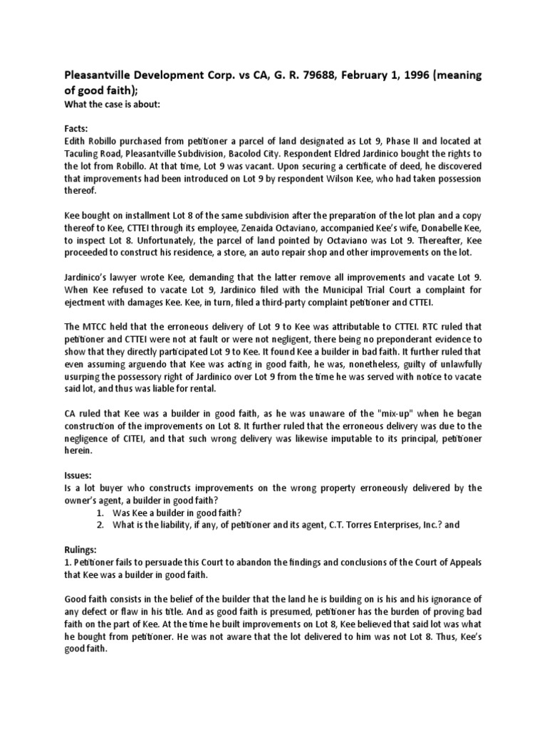 Property Pleasantville Development Corp. Vs CA, G. R. 79688, February