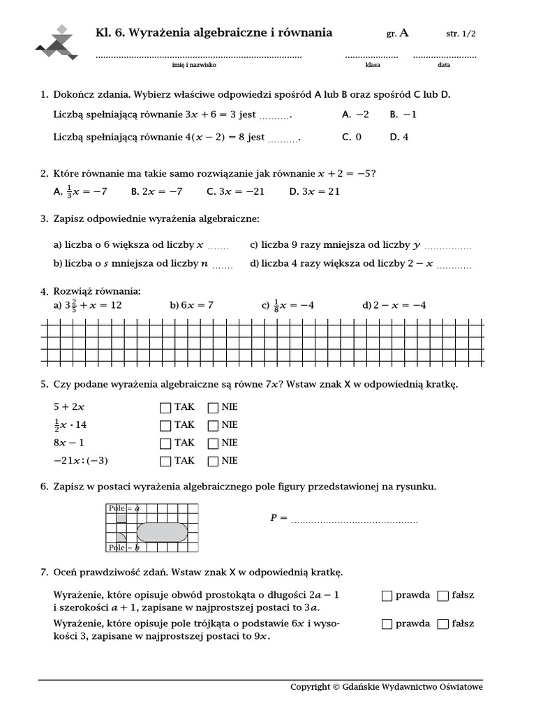Wyrazenia Algebraiczne I Rownania Klasa 6