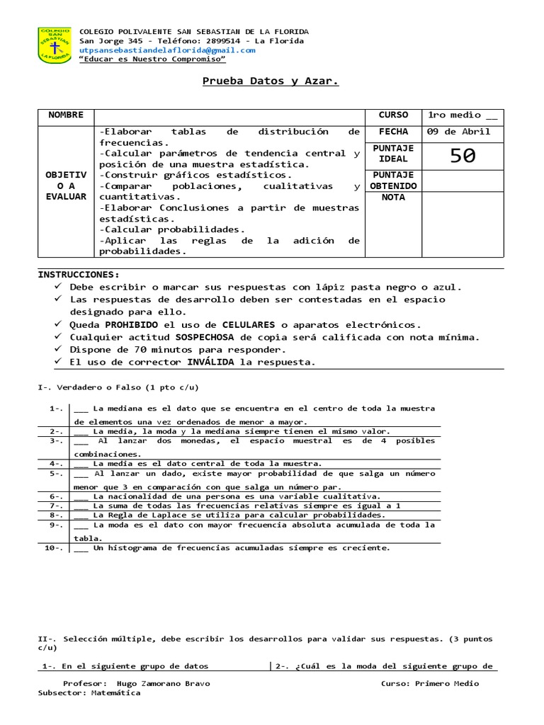 Evaluación de Estadística para 1ro Medio | PDF | Mediana ...