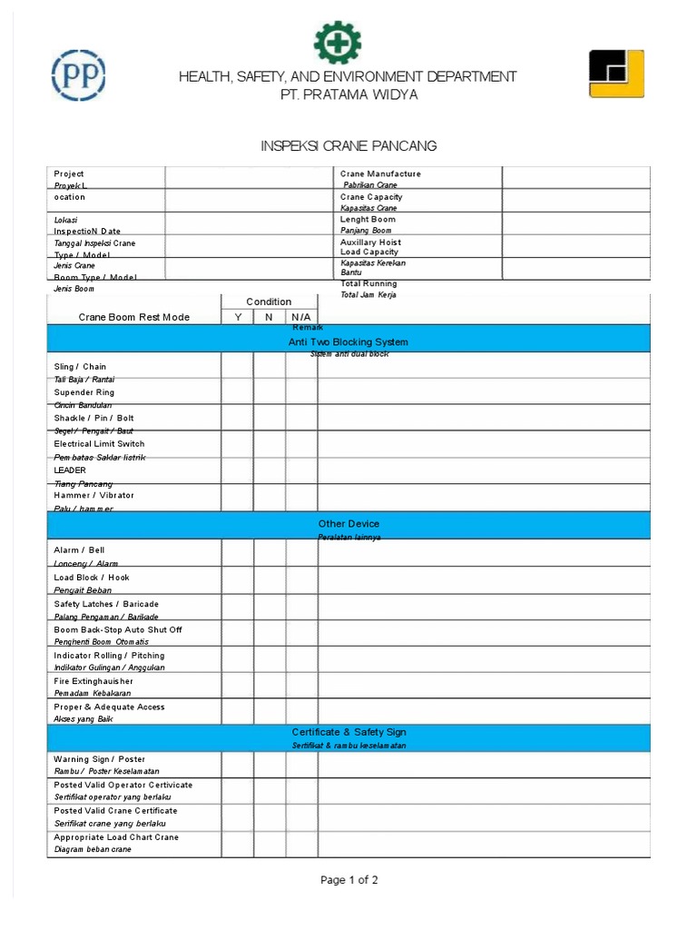 Crane Inspection Checklist Template | PDF | Crane (Machine) | Tools