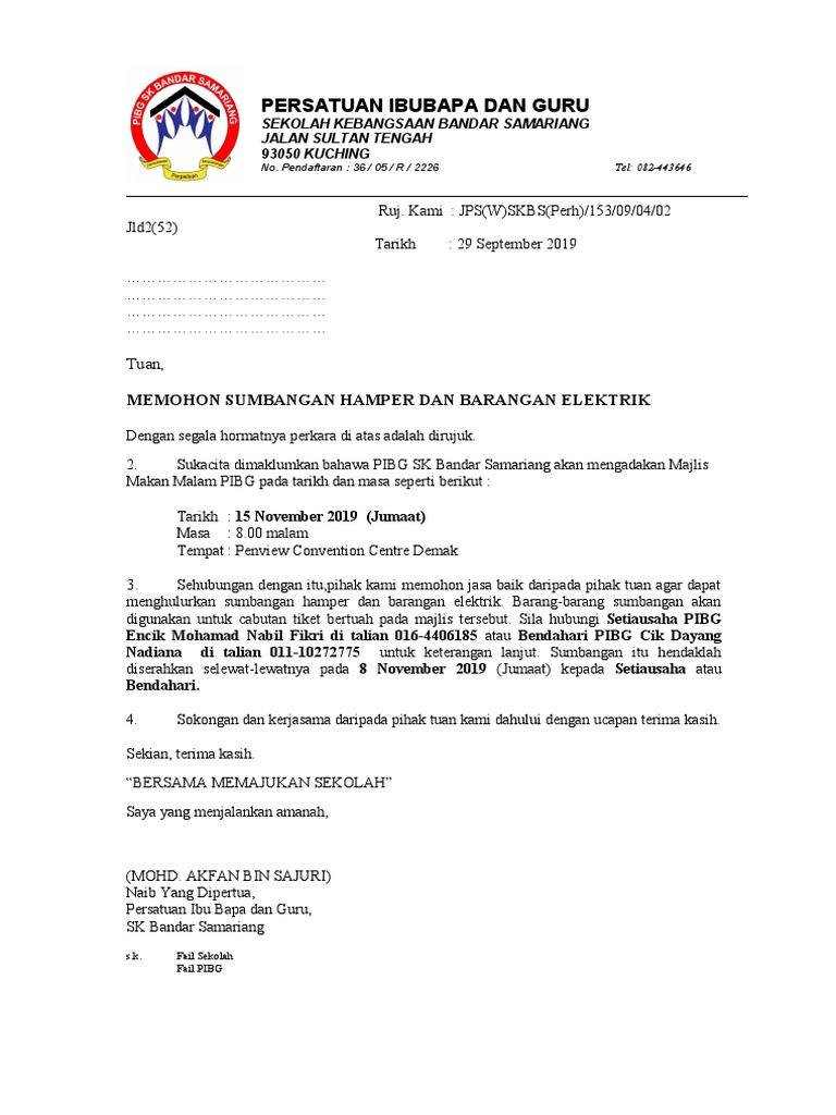 Contoh Surat Mohon Sumbangan Tokong Dinner