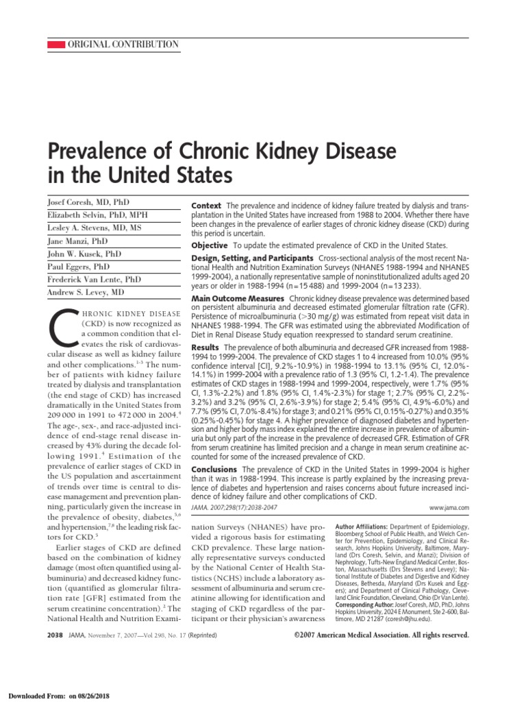 Prevalence of Chronic Kidney Disease in The United States: Original ...