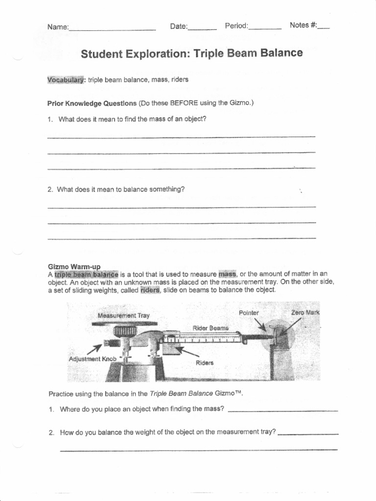 TBB Gizmo  PDF  Weighing Scale  Mass With Regard To Triple Beam Balance Practice Worksheet