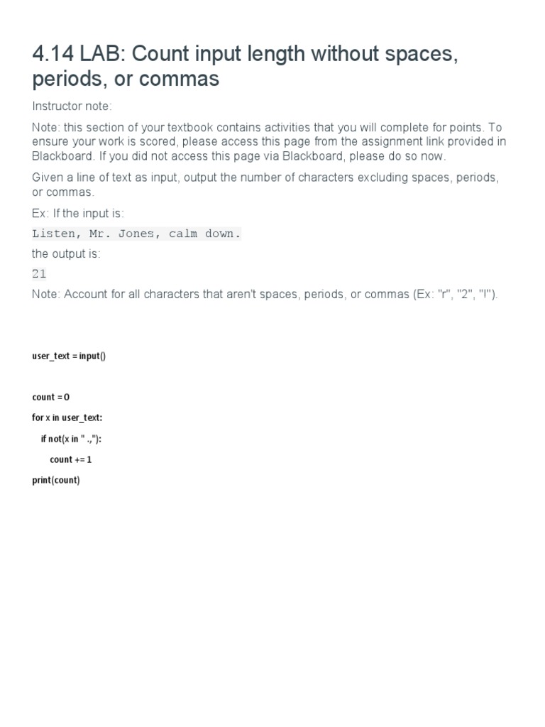 4.14 LAB Count Input Length Without Spaces, Periods, or Commas | PDF