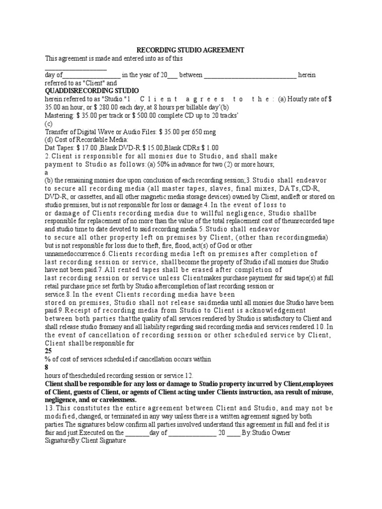 A Studio Rental Agreement | PDF