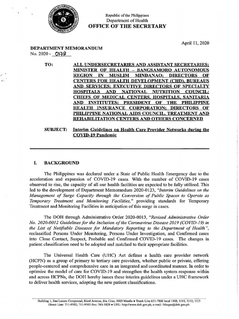 DOH Memorandum 2020-0178 | PDF | Hospital | Patient