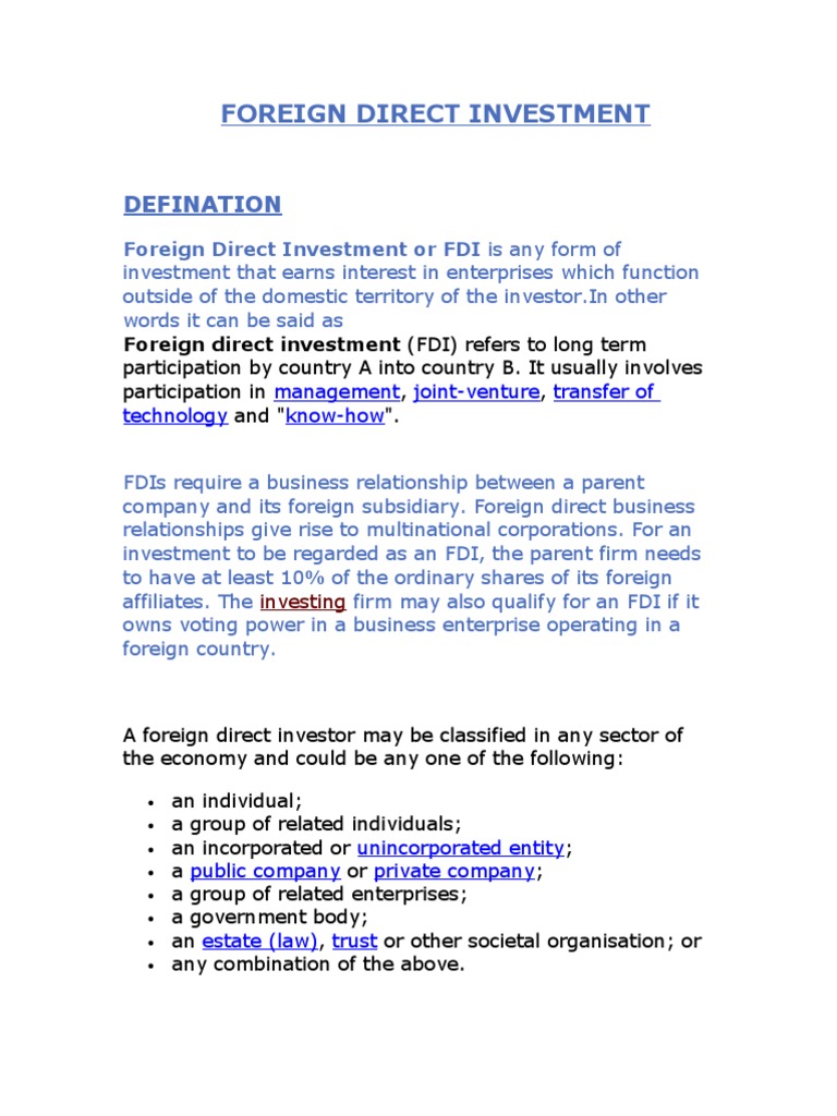 Foreign Direct Investment: Defination | PDF | Foreign Direct Investment ...