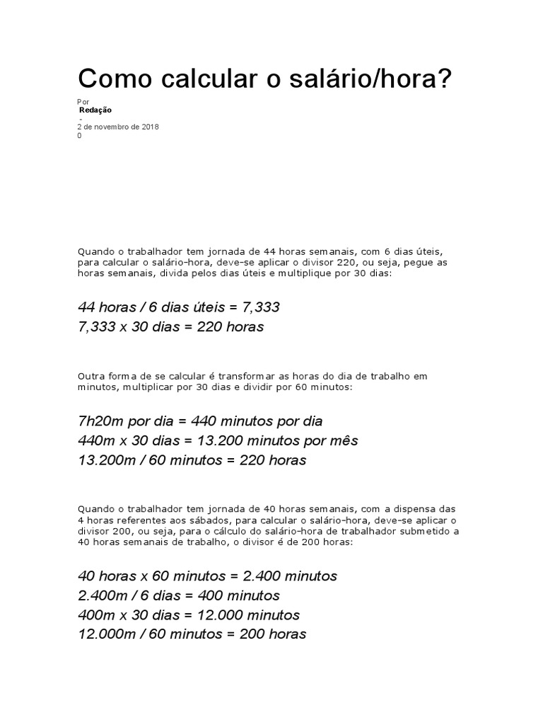 Cálculo do Salário por Hora e Dia | PDF | Ensino de Matemática | Business