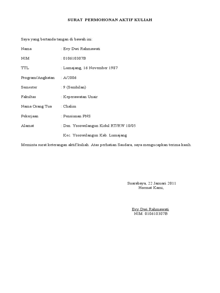 SURAT PERMOHONAN AKTIF KULIAH
