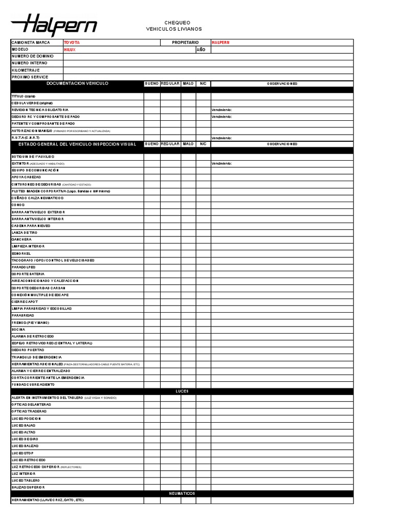 Checklist Inspección Toyota Hilux | PDF | Tecnologías automotrices ...
