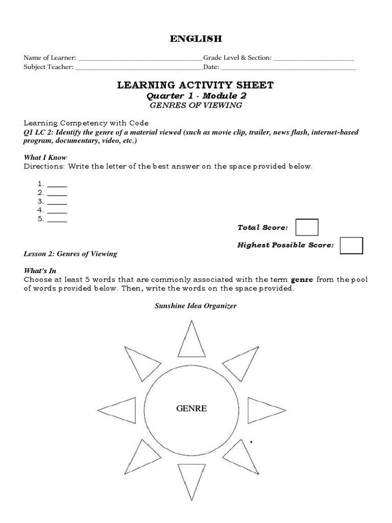 Grade 7 English Activity Sheet: Genres | PDF | Genre | Word