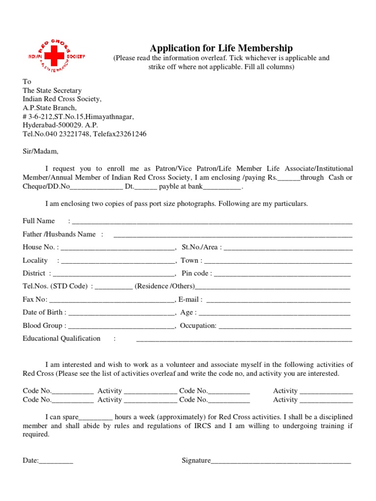 Indian Red Cross Membership Application | PDF | International Red Cross ...