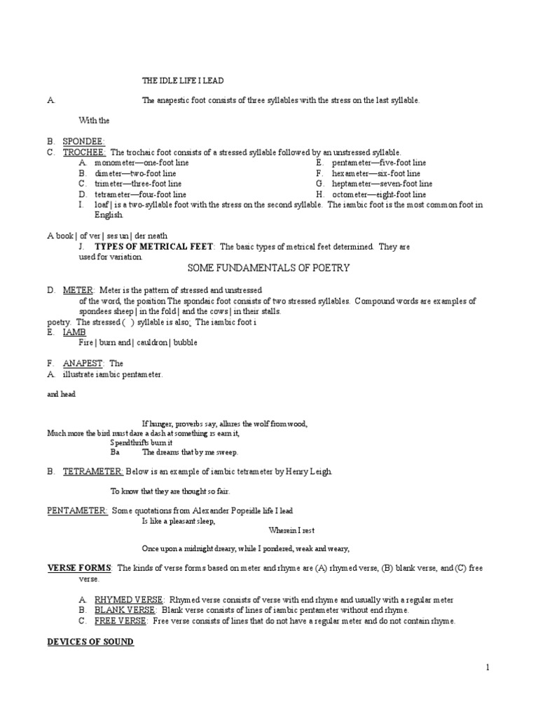 TYPES OF METRICAL FEET The Basic Types of Metrical Feet Determined. They Are PDF Metre