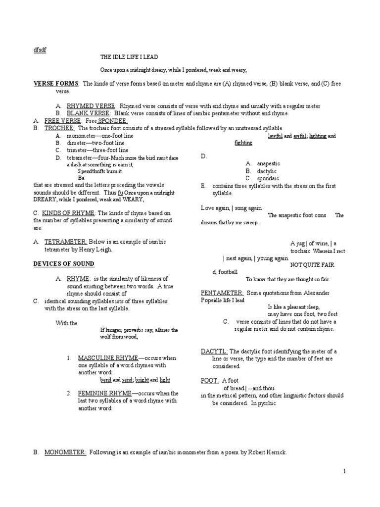 VERSE FORMS The Kinds of Verse Forms Based On Meter and Rhyme Are (A