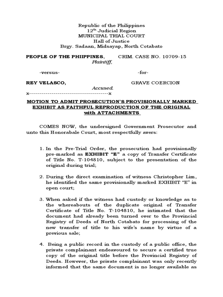 Sample Motion To Admit As Faithful Reproduction | PDF | Prosecutor ...