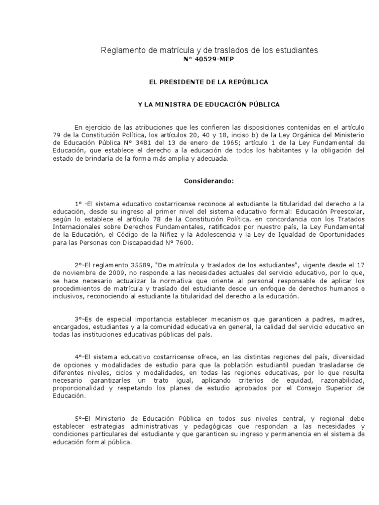 Reglamento de Matrícula y Traslados MEP | PDF | Educación de la primera ...