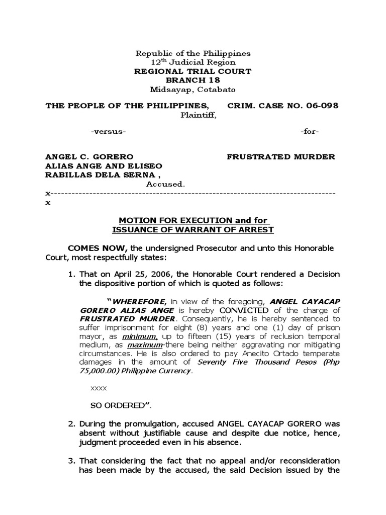 Sample Motion For Execution and Issuance of Warrant of Arrest PDF