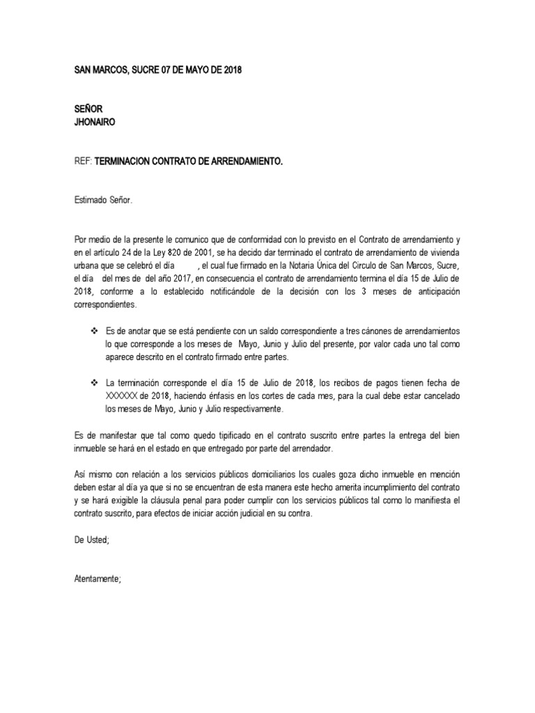 Carta Preaviso Terminacion de Contrato de Arrendamiento | PDF