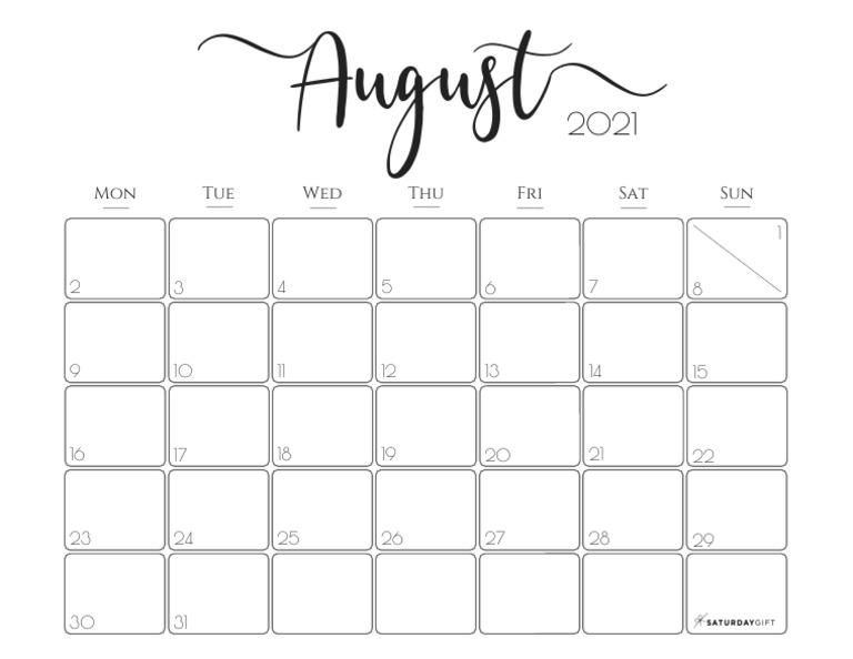 08 Elegant August 2021 Calendar Free Printable Horizontal Monday Start ...