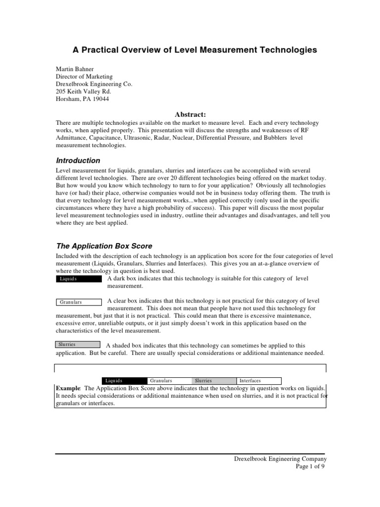 A Practical Overview of Level Measurement Technologies: Abstract | PDF