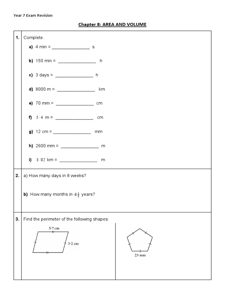 Year 7 Maths Revision: Area & Volume | PDF | Litre | Area