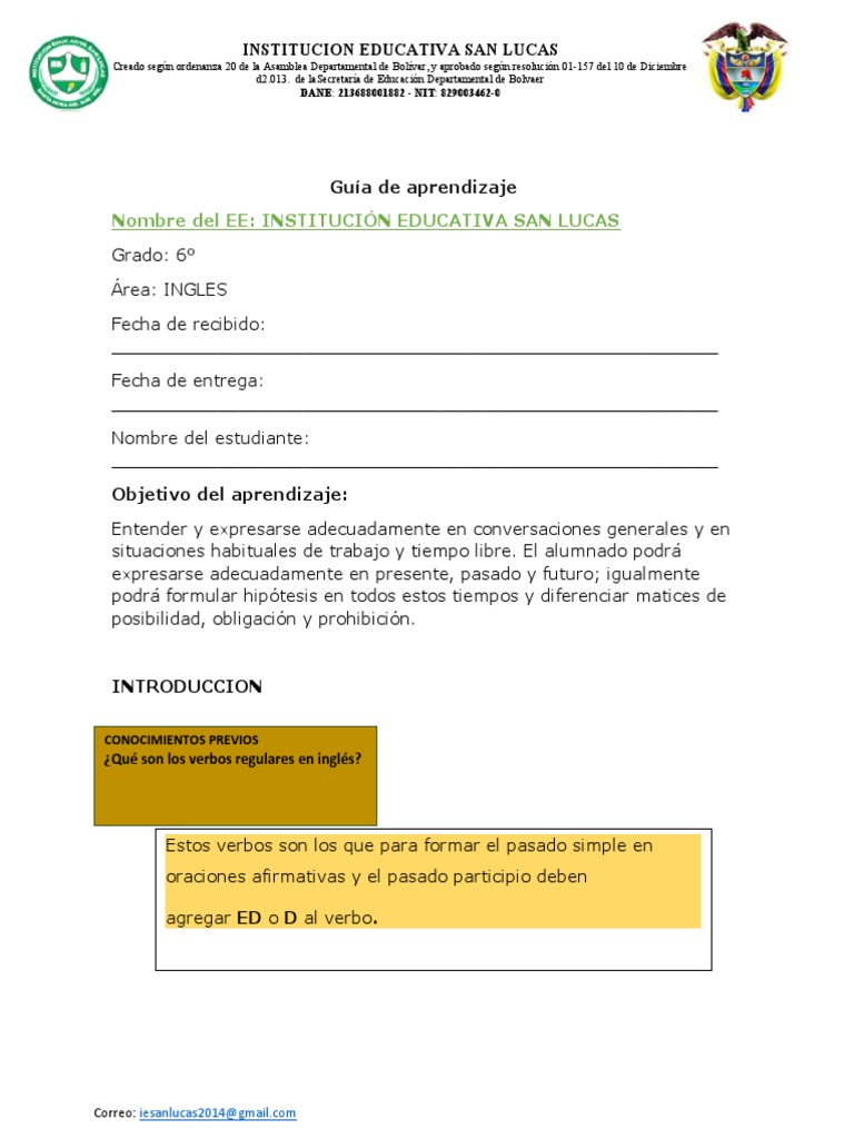 Taller de Ingles Sexto Grado | PDF | Verbo | Conjugación gramatical