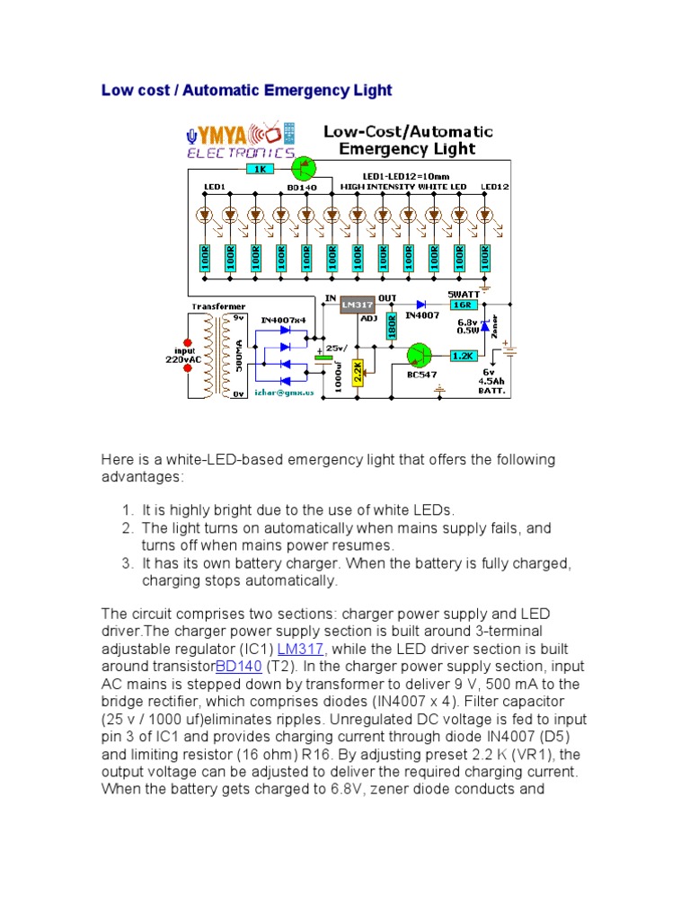 Automatic LED Emergency Light Circuit | PDF | Power Supply | Battery ...