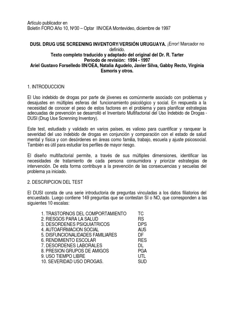 Inventario DUSI: Evaluación del Uso de Drogas | PDF | La dependencia de ...