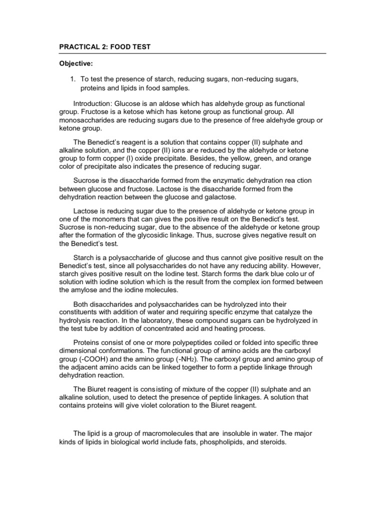 Practical 2 Food test Vitamin C Carbohydrates