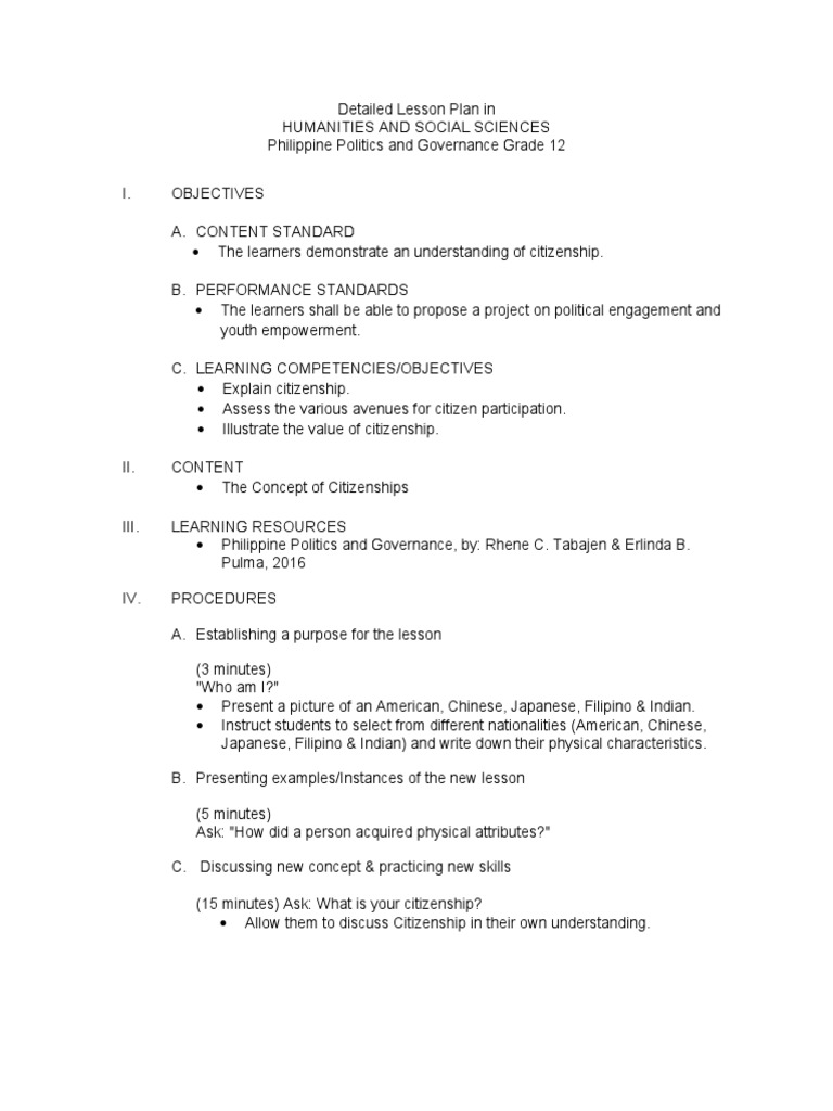 Citizenship Lesson Plan for Grade 12 | PDF | Citizenship | Lesson Plan