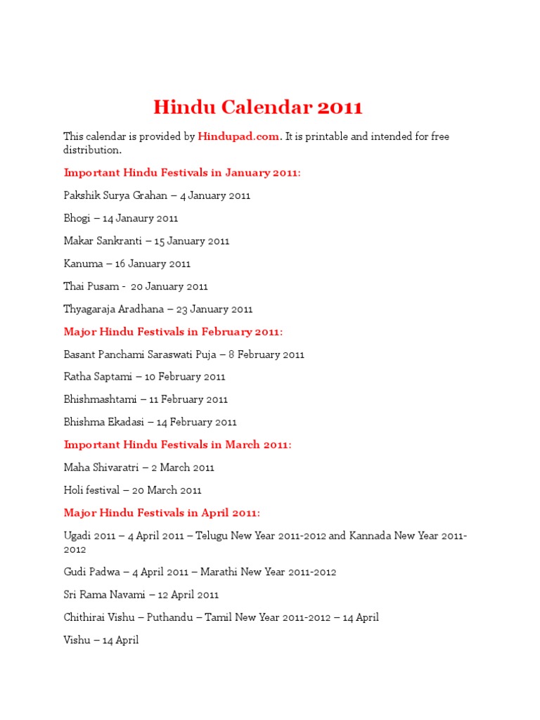 Hindu Calendar 2011 | PDF