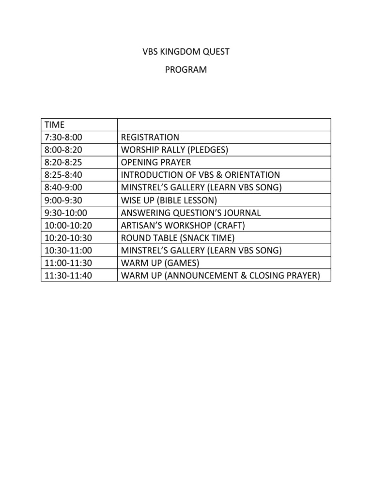 VBS Kingdom Quest Program Schedule | PDF | Art