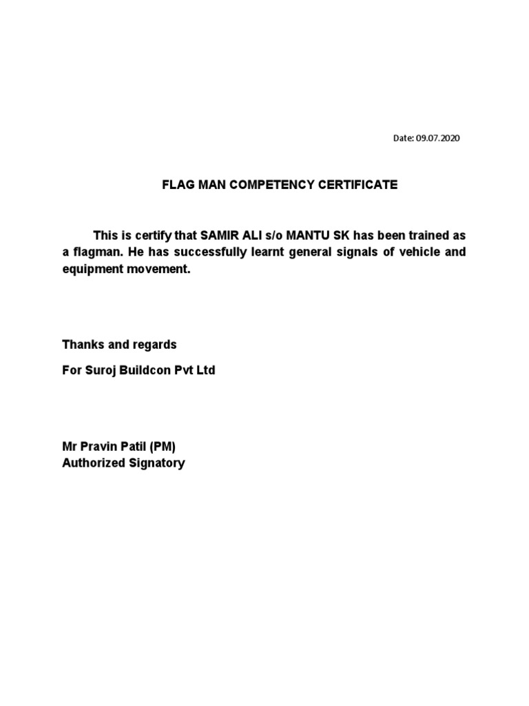 Flagman Competency Certificate for Samir Ali | PDF | Business | Finance ...