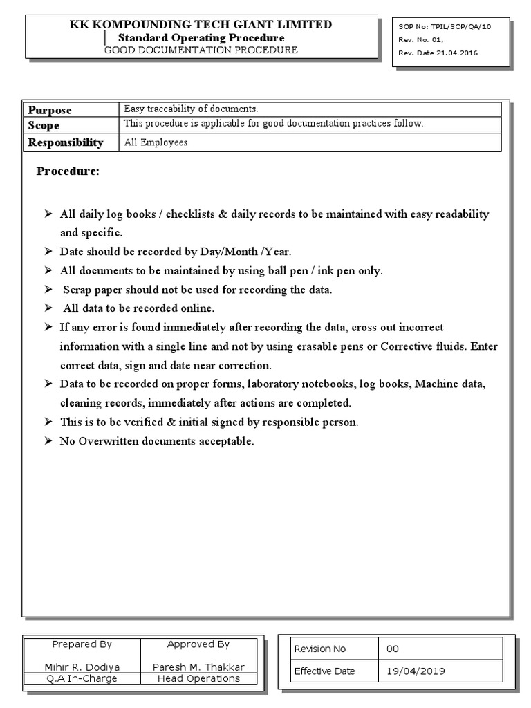 Good Documentation Practices SOP | PDF | Business