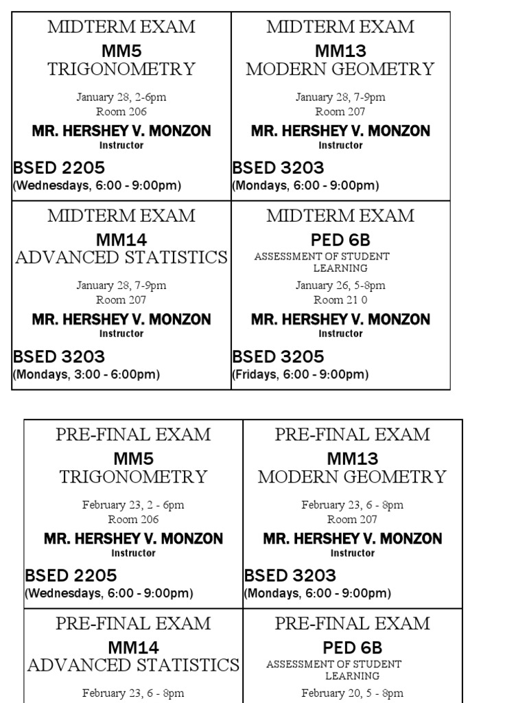 Midterm and Pre-Final Exam Schedule | PDF
