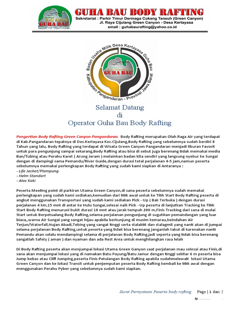 Paket Body Rafting Green Canyon | PDF