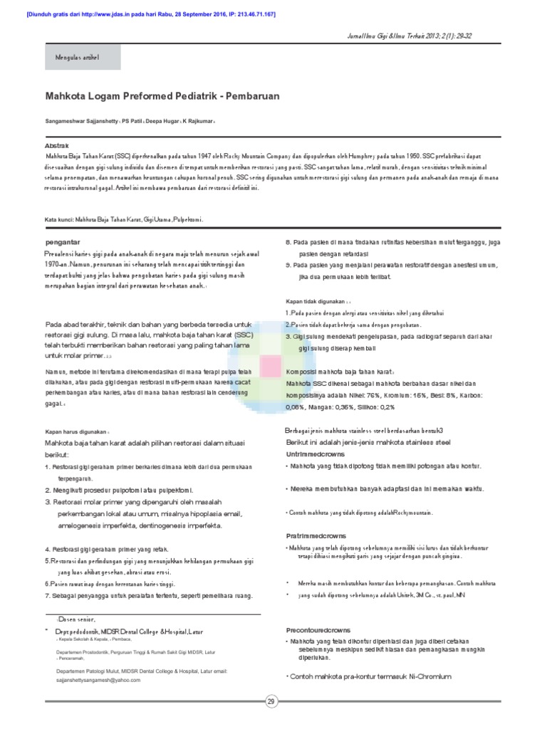 Jurnal Pediatric Preformed Metal Crowns An Update PDF