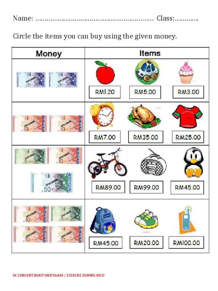 Name: Class: . Circle The Items You Can Buy Using The Given Money | PDF