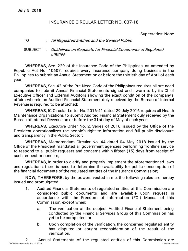 Insurance Circular Letter No. 037-18 | PDF | Financial Statement | U.S ...
