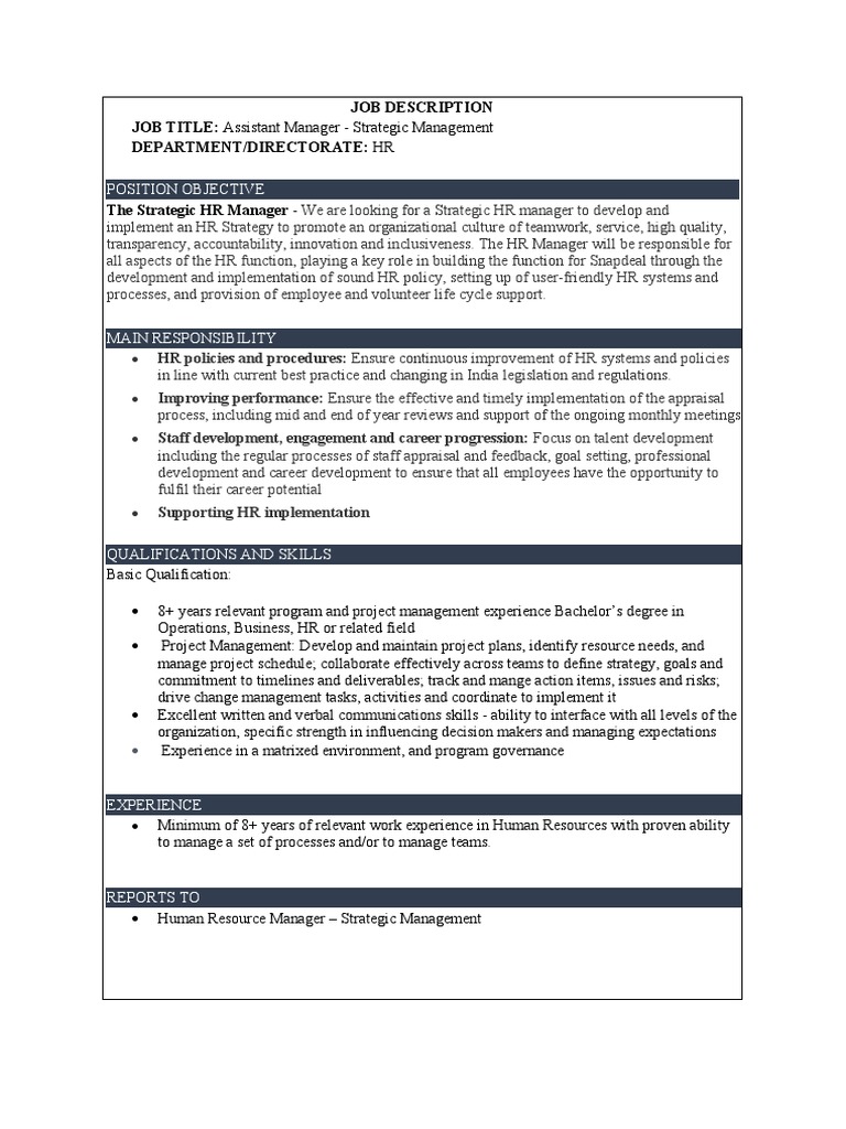 Position Objective Job Description JOB TITLE Assistant Manager